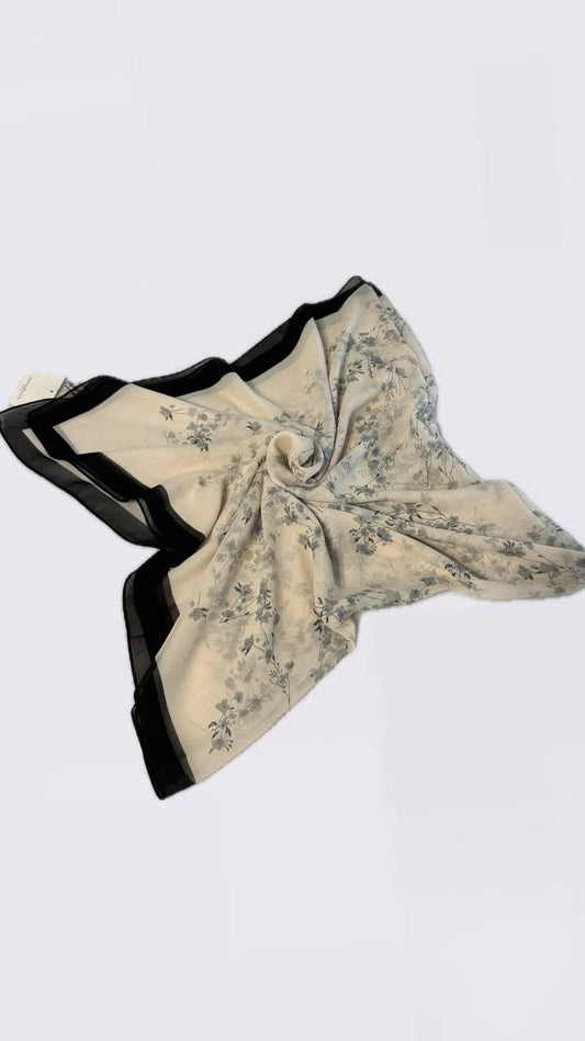 Floral Elegance Square Scarf – Cream with Black Border