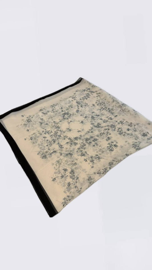 Floral Elegance Square Scarf – Cream with Black Border
